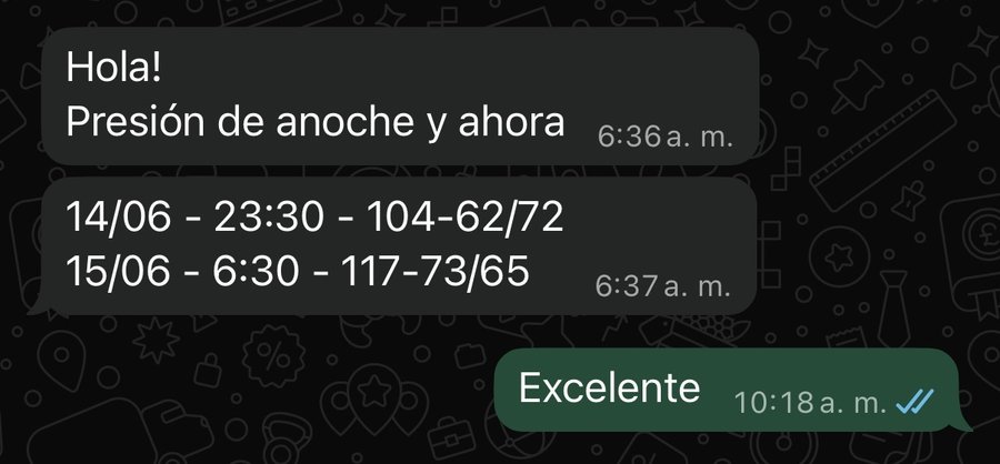 Presión de anoche y de ahora: 104/62 y 117/73